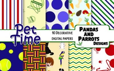 PET TIME Digital Papers, 10 High Quality jpeg papers Instant Download hamster carrots yarn balls wheel dog kitten cat bird parrot lines dots