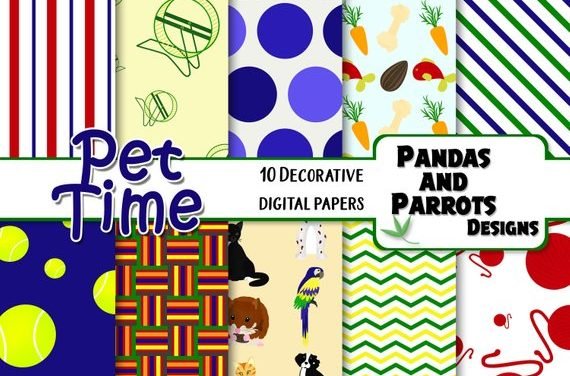 PET TIME Digital Papers, 10 High Quality jpeg papers Instant Download hamster carrots yarn balls wheel dog kitten cat bird parrot lines dots