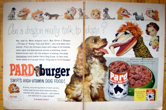 1954 Kukla Fran + Ollie  -Pard Dog  Food -Original 2 Page 13.5 * 10.5 Magazine Ad-Pet Food