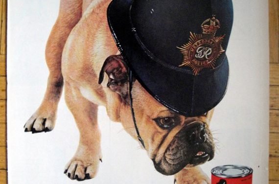 1960 Bulldog With British Police Helmet Friskies-Original 13.5 * 10.5 Magazine Ad- Pet Food