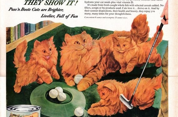 1953 Persian Cat Kittens -Puss'n Boots Cat Food Red  Original 13.5 * 10.5 Magazine Ad-Pet Food