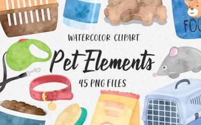 Pet Store Shop Elements, Petshop Pets Food Veterinary Pet Care, Dog Cats Fish Bowl Bone Watercolor Cliparts – PNG Clipart Set COMMERCIAL USE