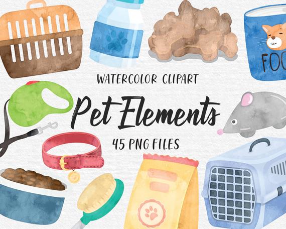 Pet Store Shop Elements, Petshop Pets Food Veterinary Pet Care, Dog Cats Fish Bowl Bone Watercolor Cliparts – PNG Clipart Set COMMERCIAL USE